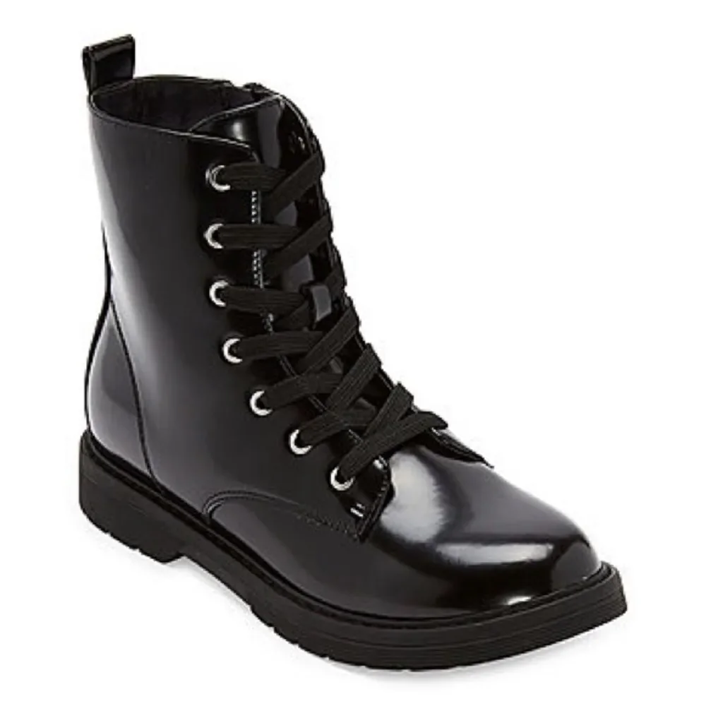Thereabouts Reese Girls Black Patent Combat Boots Youth Size 3 Side Zip